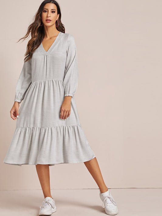 Solid V-Neck Babydoll Dress