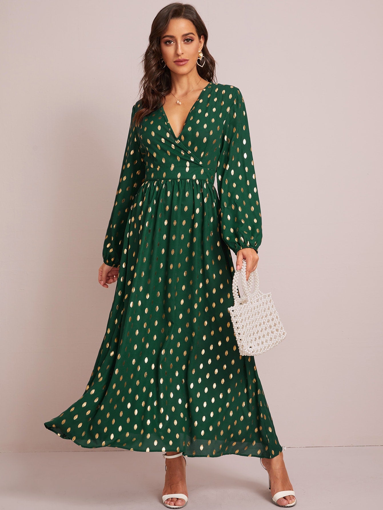 Gold Polka Dotted Surplice A-line Dress