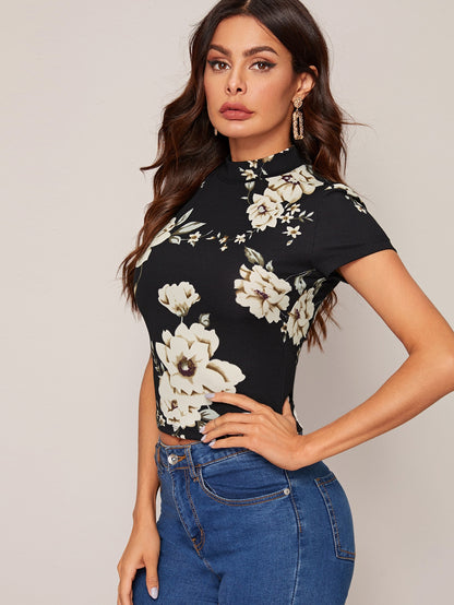 Mock Neck Floral Print Fitted Tee