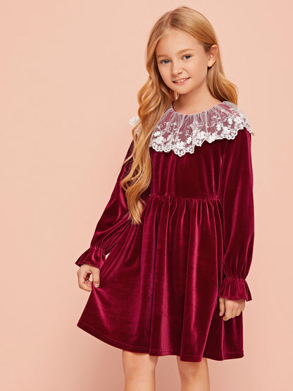 Girls Embroidered Mesh Ruffle Trim Velvet Dress