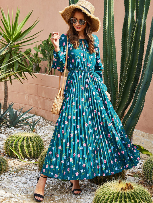 Floral Print Tie Front Ruffle Trim Pleated Dress