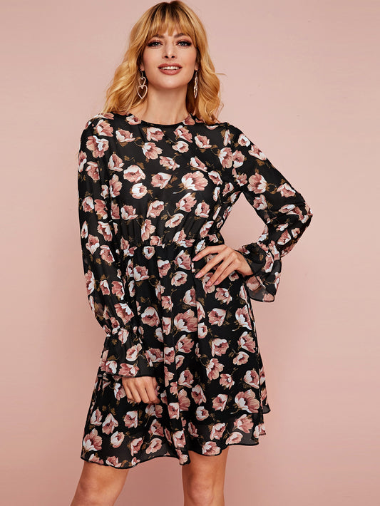 Floral Print Flounce Sleeve Dress