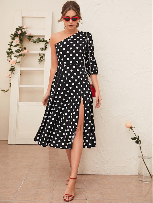 Polka Dot One Shoulder Split Thigh Dress