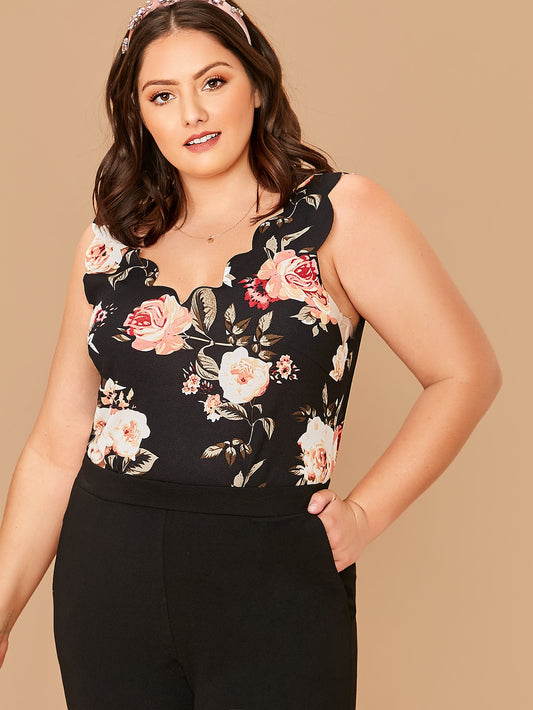 Plus Scallop Trim Floral Print Tank Top