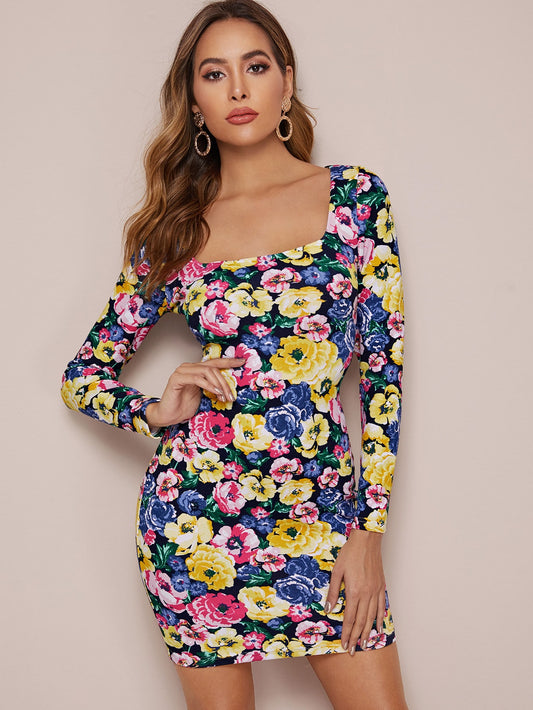 Square Neck Floral Print Bodycon Dress