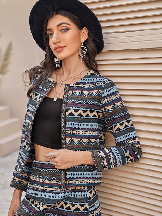 Embroidered Tape Detail Tribal Jacquard Jacket