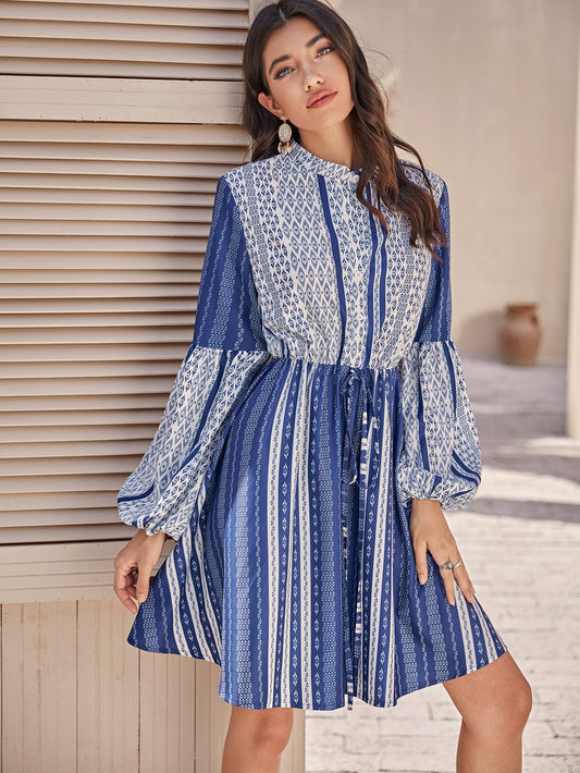 Geo Print Lantern Sleeve Tie Waist Shirt Dress
