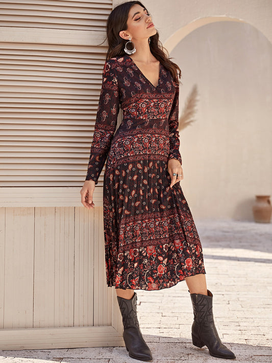 Floral & Paisley Print Pleated Hem Dress