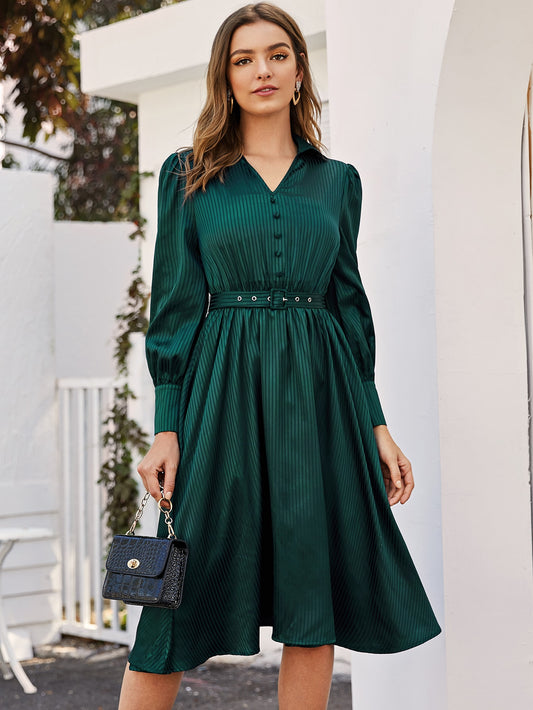 V-collar Lantern Sleeve Striped Belted Dress