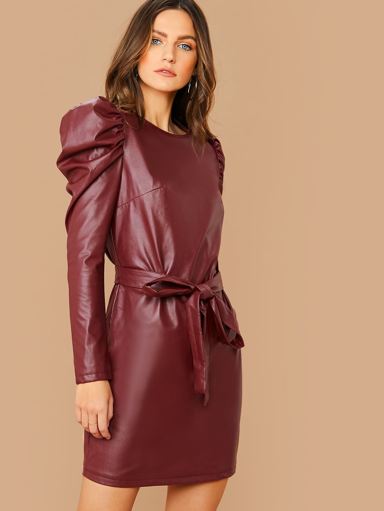 Zip Back Gigot Sleeve Belted PU Leather Dress