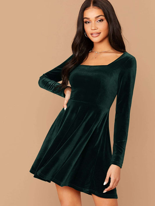 Square Neck Flared Velvet Dress