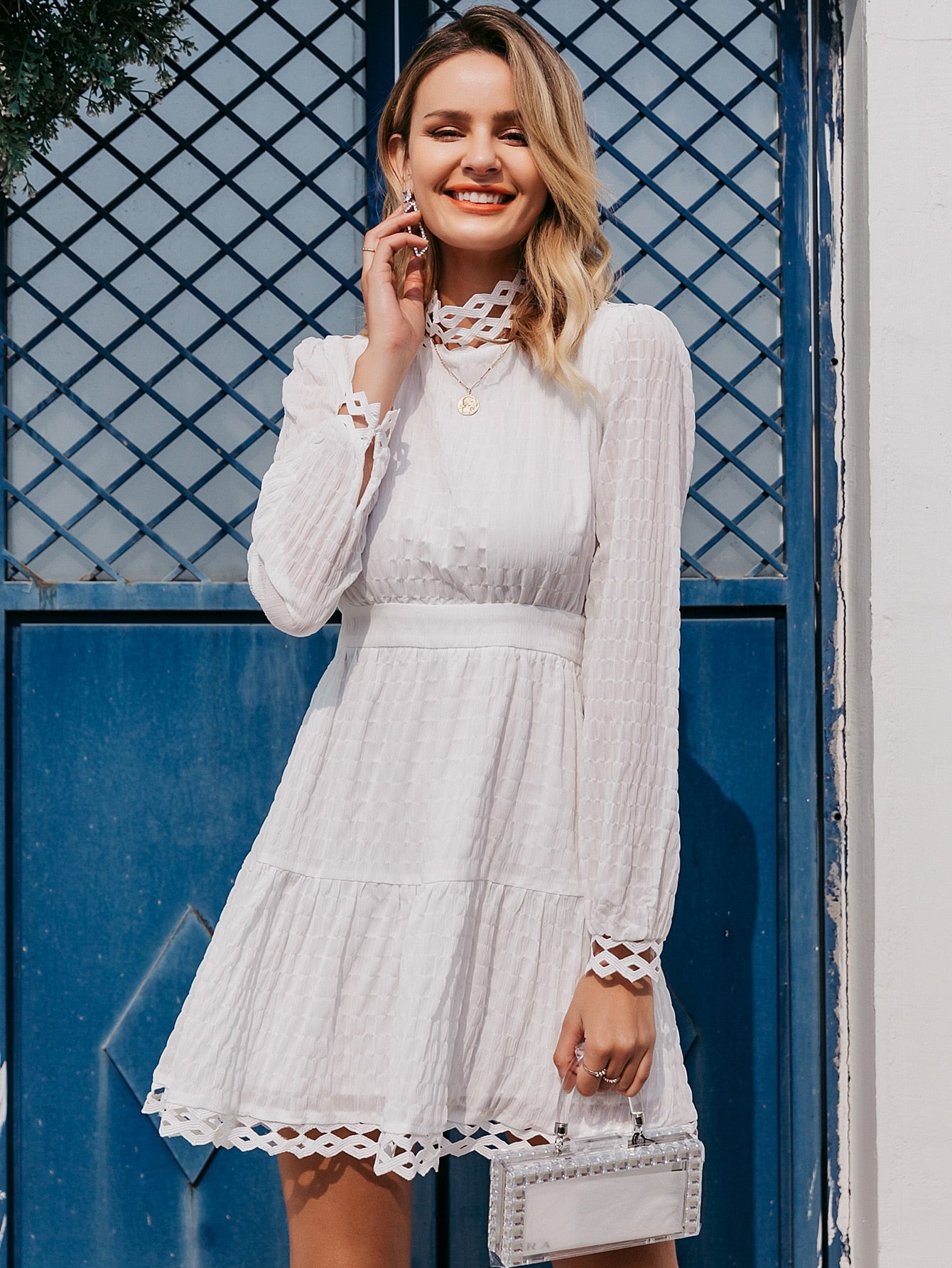 Simplee Lace Trim Crinkle Tiered Dress