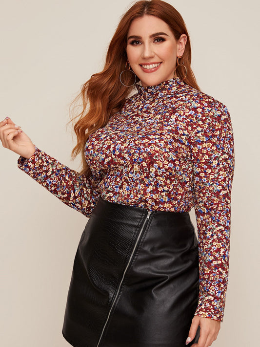 Plus Mock-neck Ditsy Floral Slim Tee