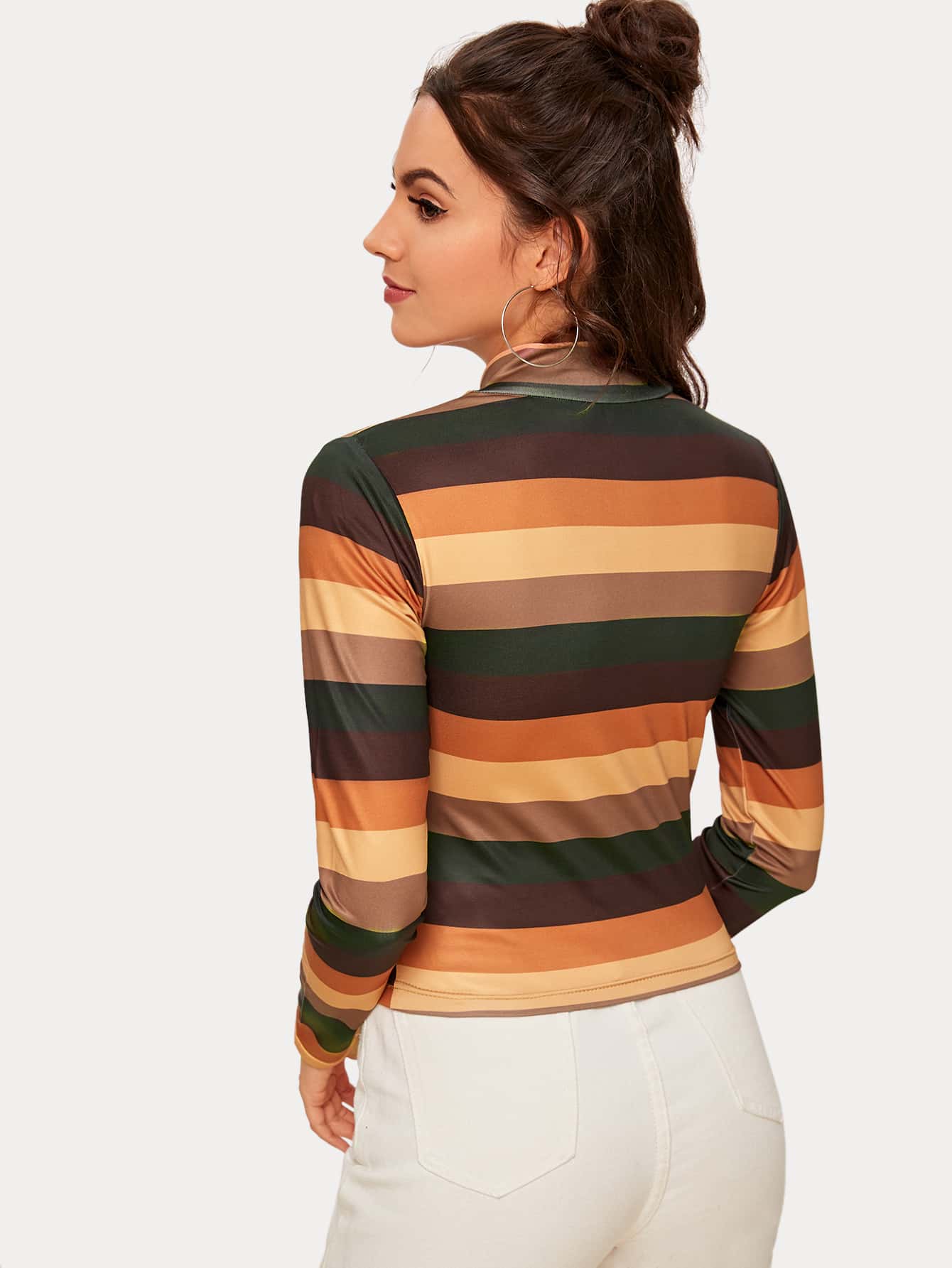 Striped Stand Collar Fitted Tee