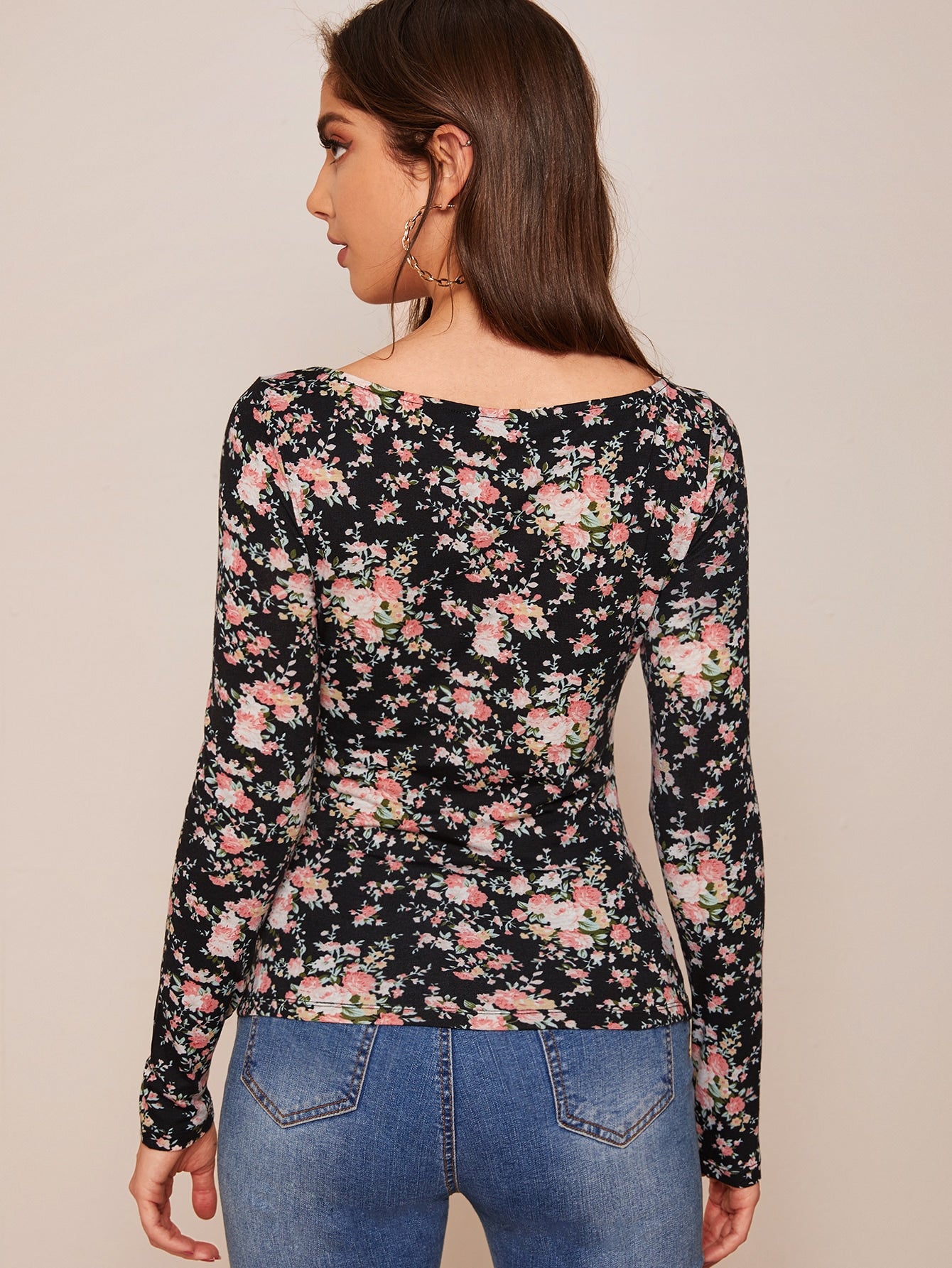 Square Neck Floral Fitted Tee