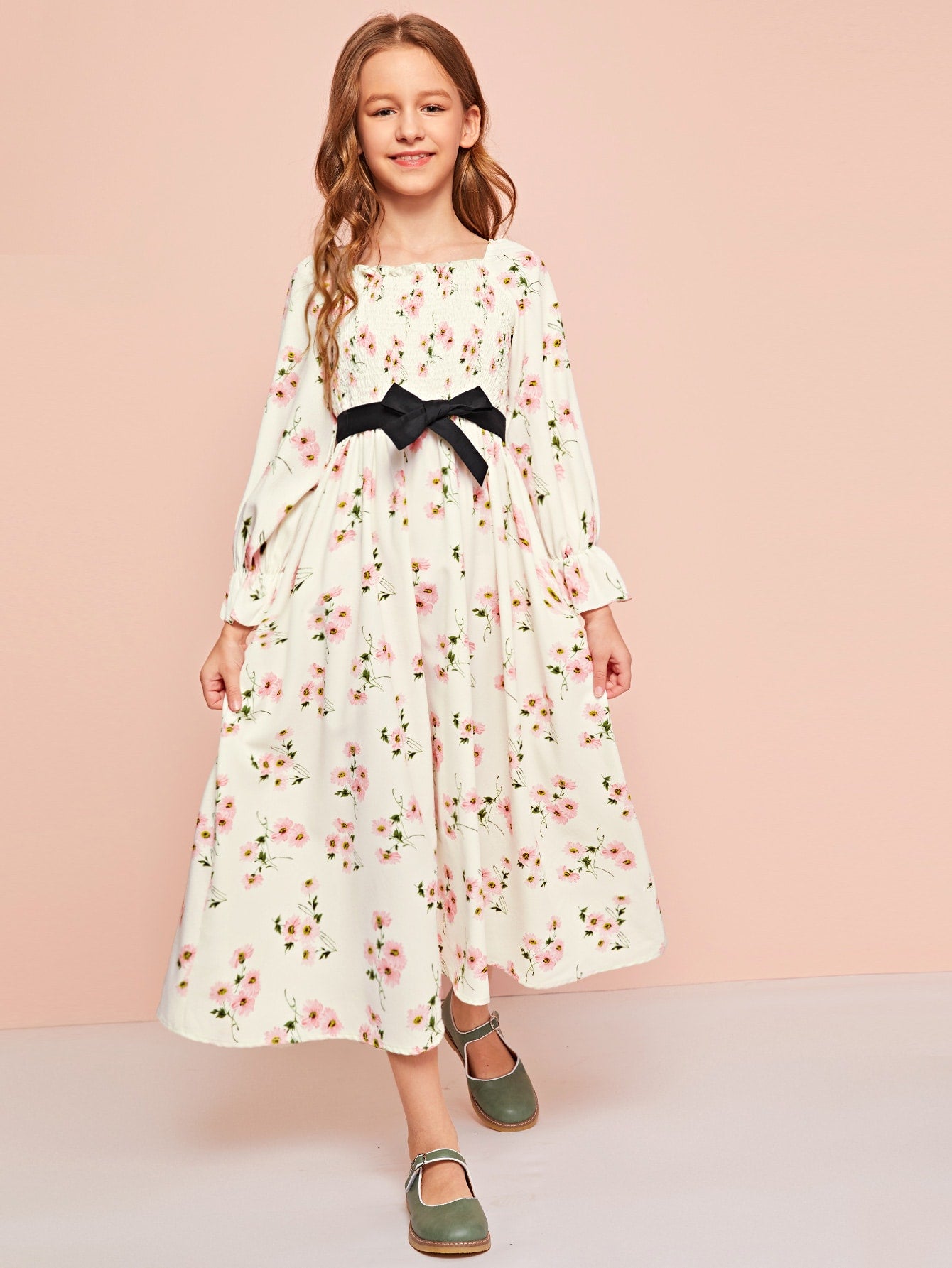 Girls Shirred Bodice Bell Sleeve Belted Floral Dress