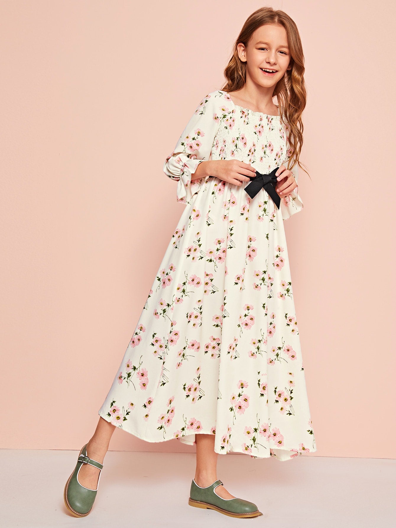 Girls Shirred Bodice Bell Sleeve Belted Floral Dress