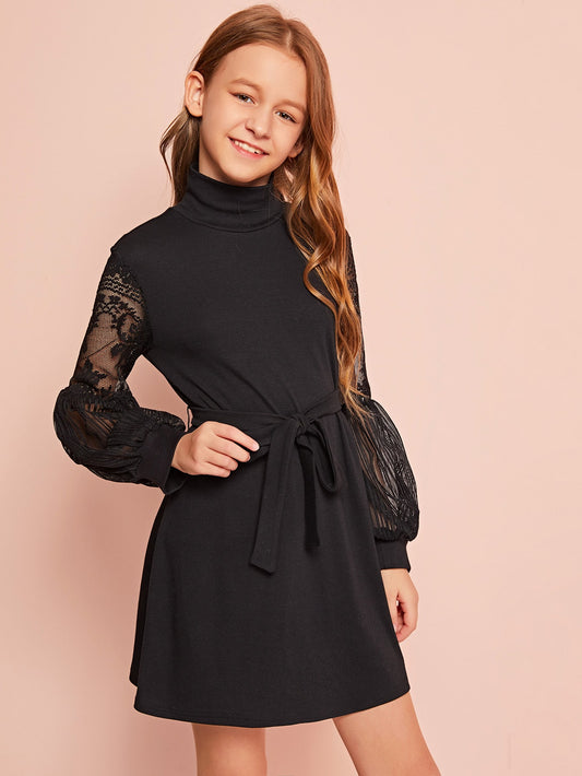 Girls High Neck Sheer Lace Lantern Sleeve Belted Dress