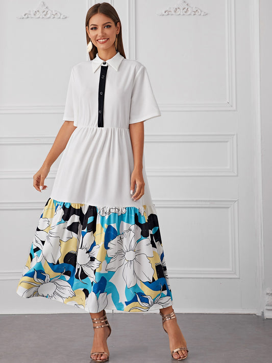 Button Half Placket Layered Floral Print Dress
