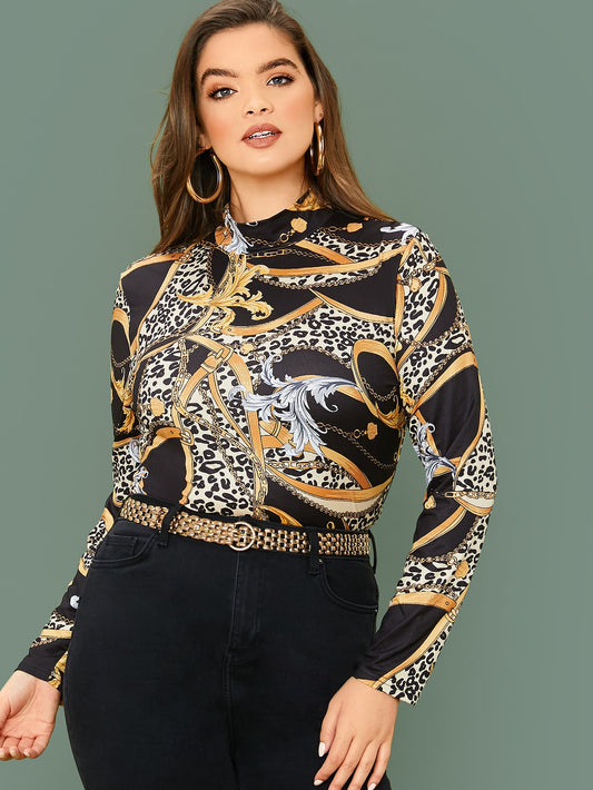 Plus Mock Neck Mixed Print Tee