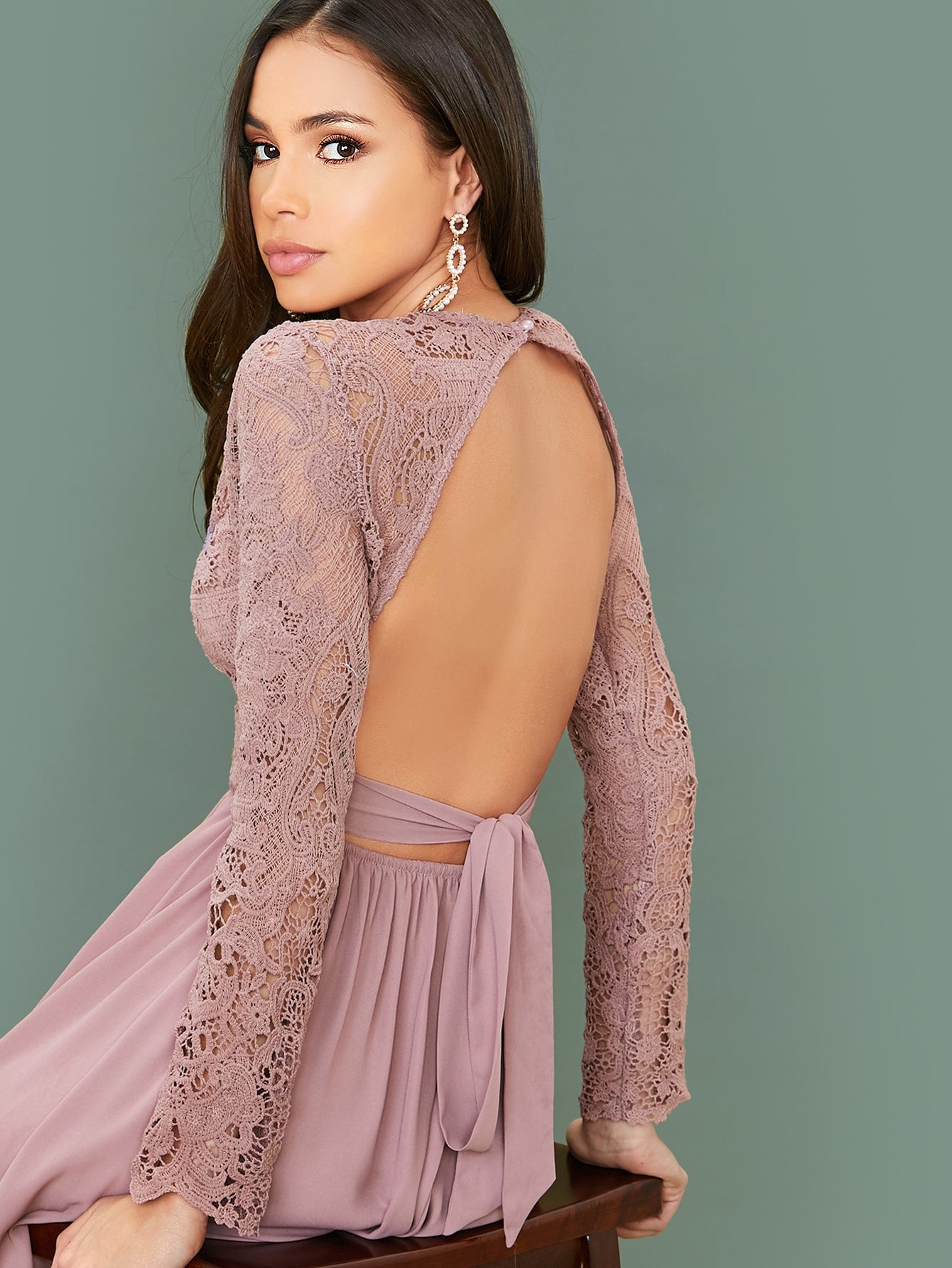 Lace Bodice Backless Tie Detail Dress