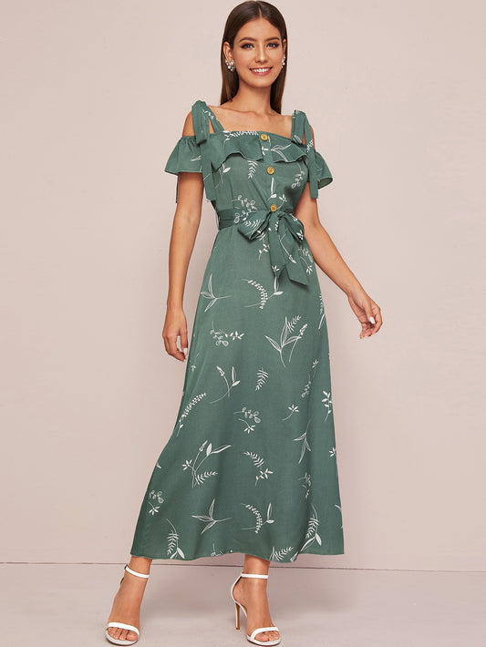 Plants Print Self Tie Cold Shoulder Dress