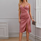 Plunging Neck Ruched Wrap Fitted Dress