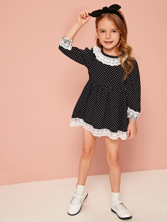 Toddler Girls Contrast Lace Panel Polka Dot Smock Dress
