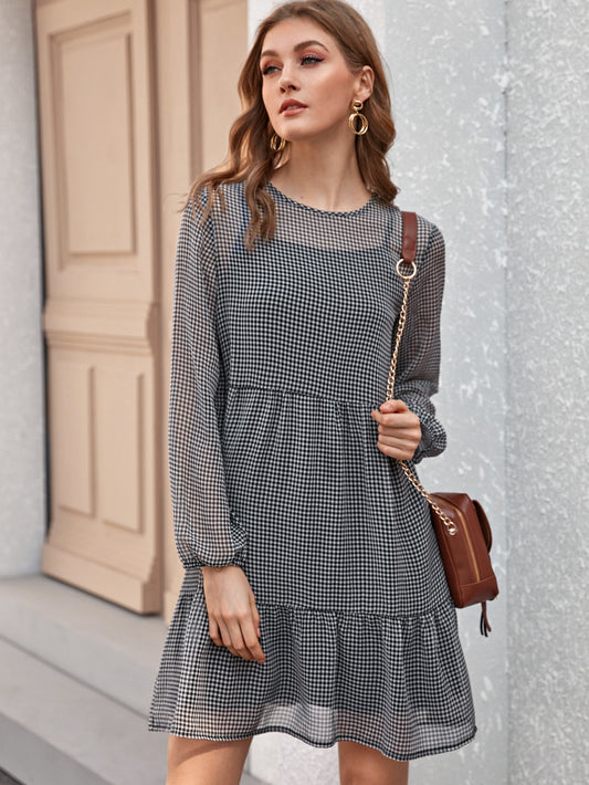 Gingham Print Ruffle Hem Sheer Dress
