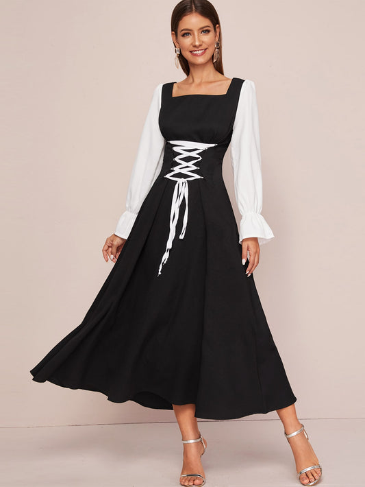 Square Neck Lace Up Front A-line Dress
