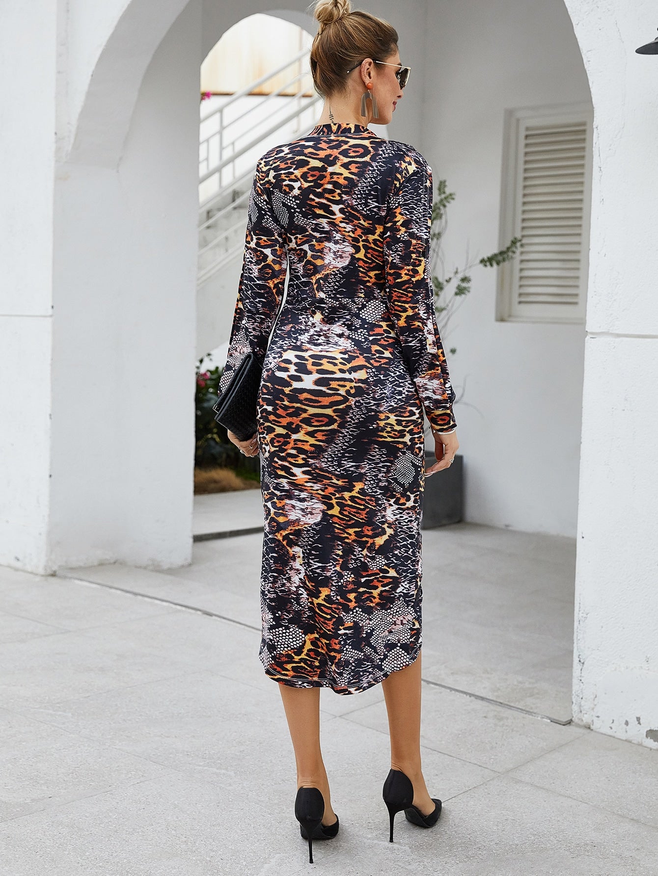 Slit Hem Ruched Leopard Pencil Dress