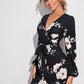 Surplice Neck Lantern Sleeve Self Belted Floral Dress
