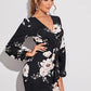 Surplice Neck Lantern Sleeve Self Belted Floral Dress