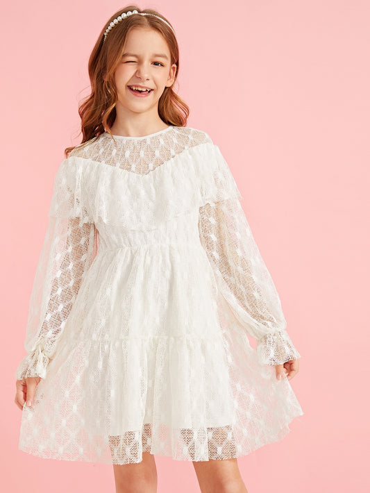 Girls Layered Ruffle Lace A-line Dress