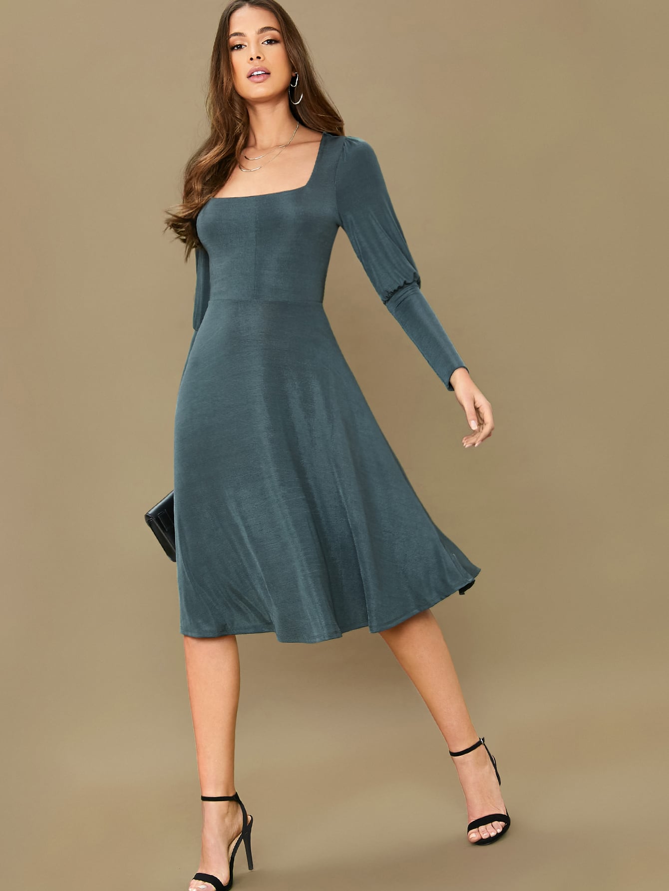 Square Neck Gigot Sleeve Solid Dress