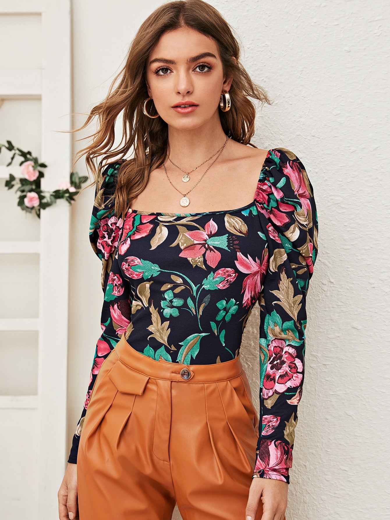 Square Neck Puff Sleeve Floral Print Tee