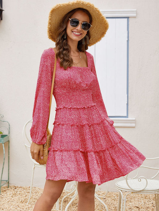 Ditsy Floral Print Layered Hem A-line Dress