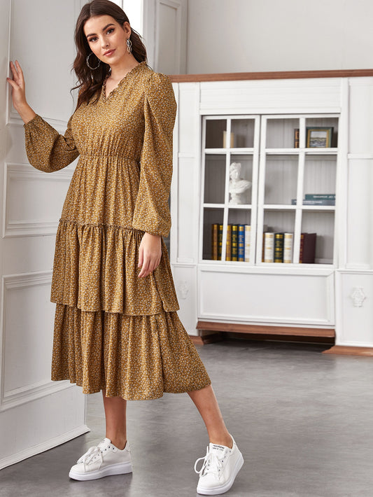 V-neck Lantern Sleeve Layered Ruffle Hem Ditsy Floral Dress