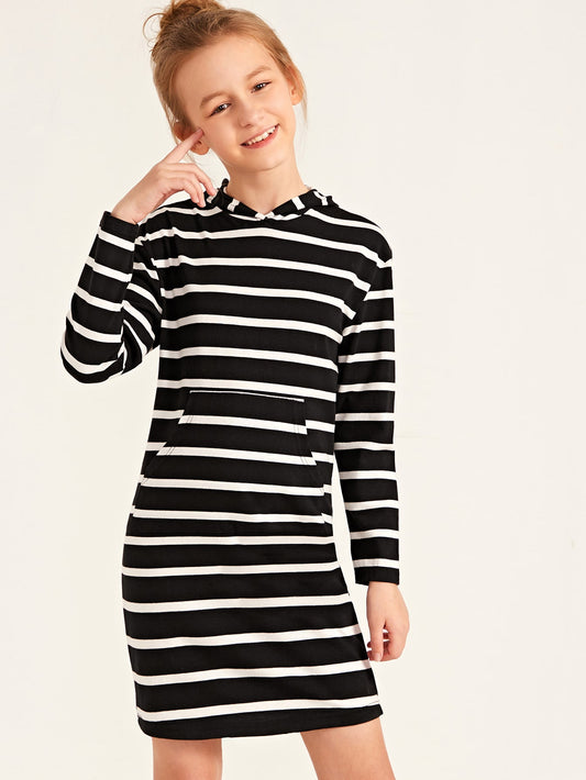Girls Kangaroo Pocket Hooded Striped Dress