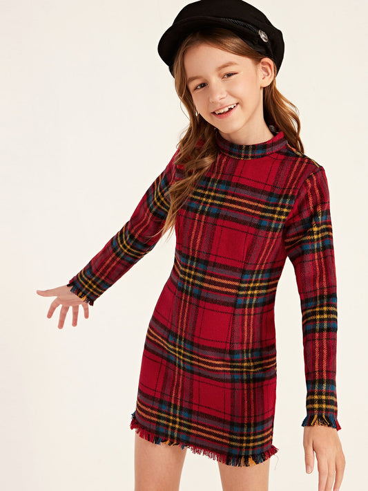 Girls Mock-Neck Raw Trim Plaid Dress