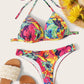 Random Palm Print Halter Top With High Cut Bikini