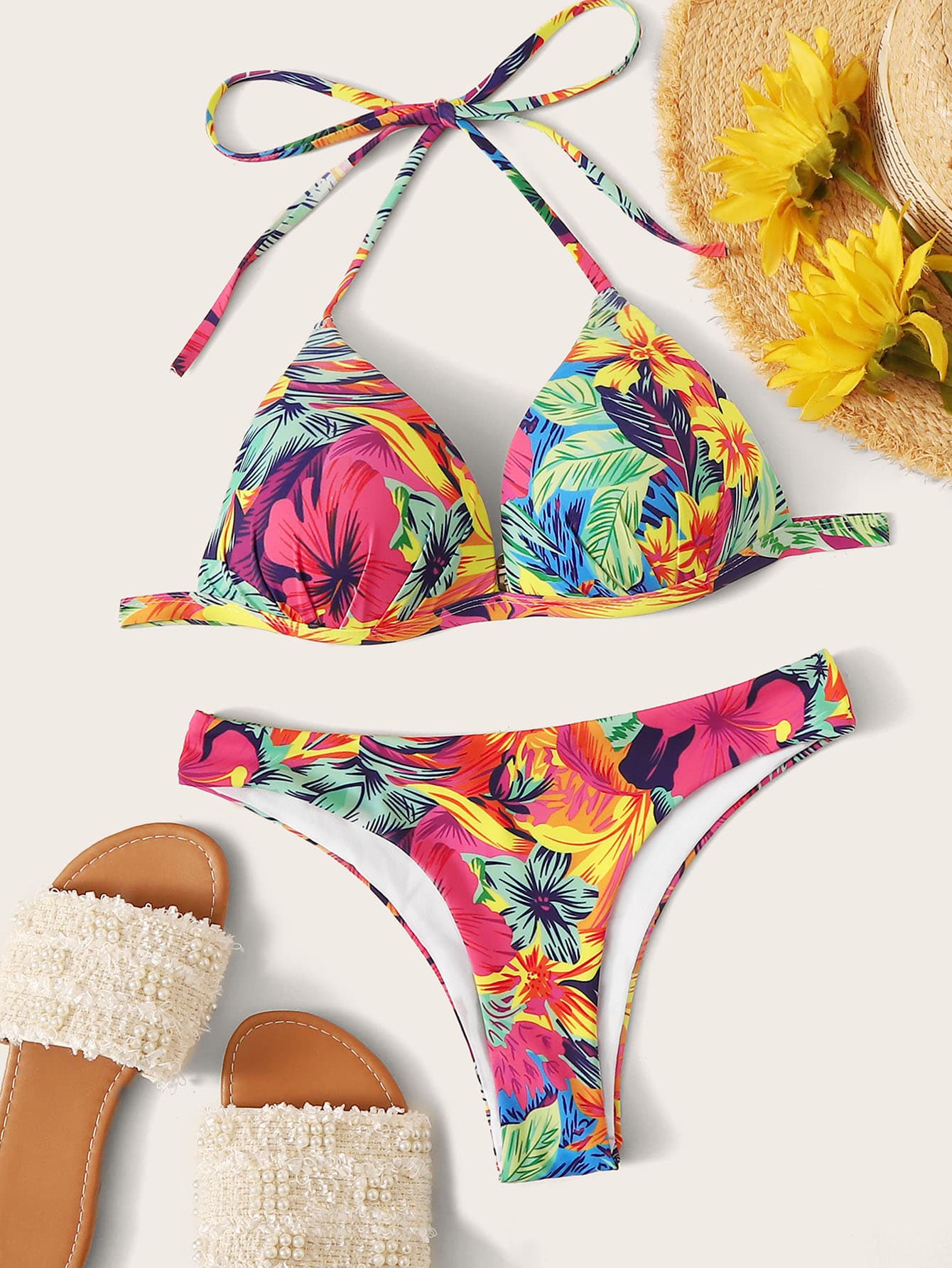 Random Palm Print Halter Top With High Cut Bikini