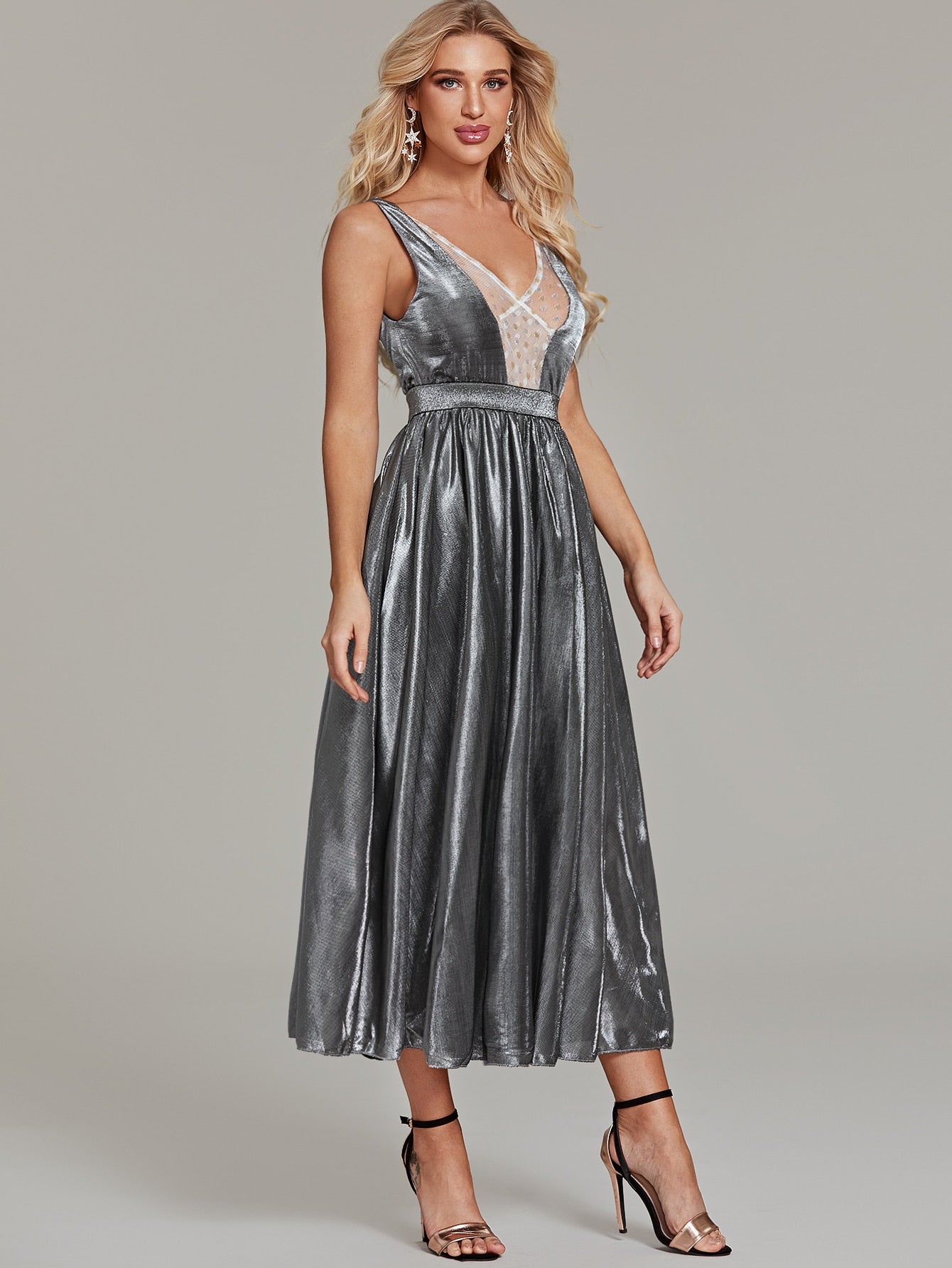 Contrast Dobby Mesh A-line Metallic Dress
