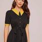 Contrast Collar Button Front Belted Dress