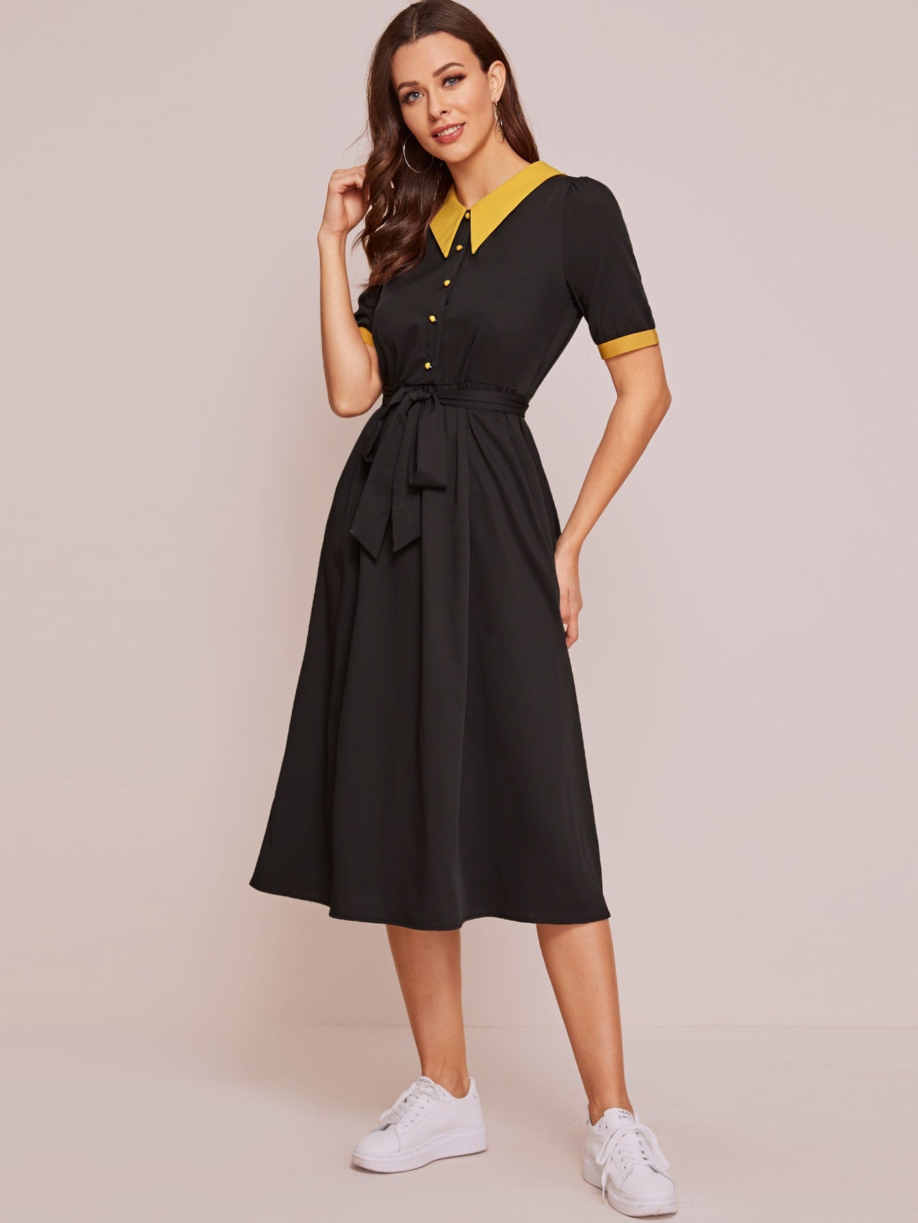 Contrast Collar Button Front Belted Dress