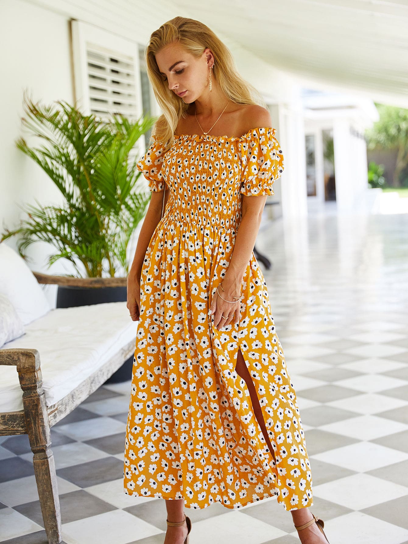 off shoulder ditsy floral dress Our Simplee Off Shoulder Ditsy Floral Print Patchwork Shirred Dress is such a vibe