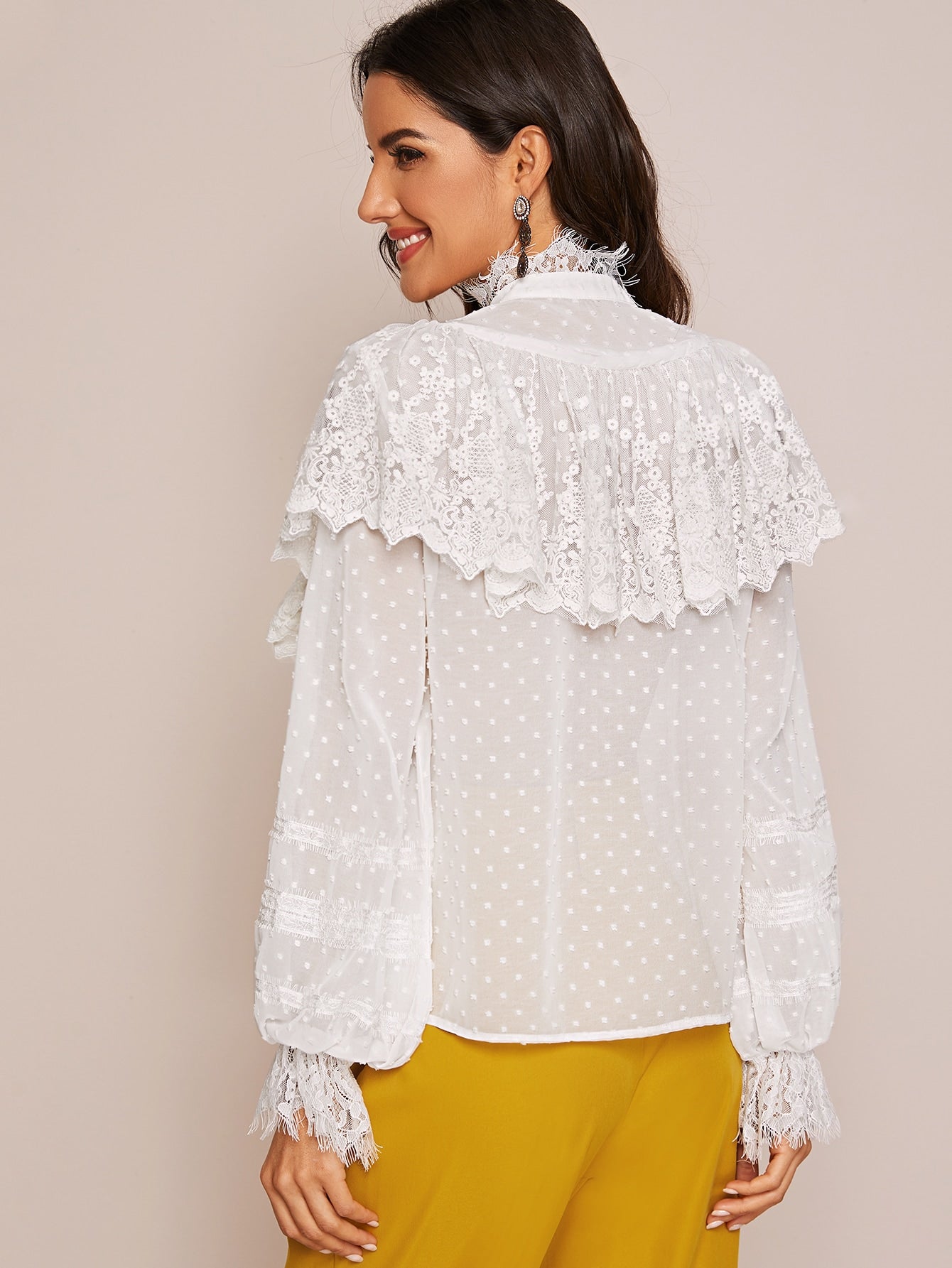 Eyelash Lace and Embroidered Mesh Panel Blouse