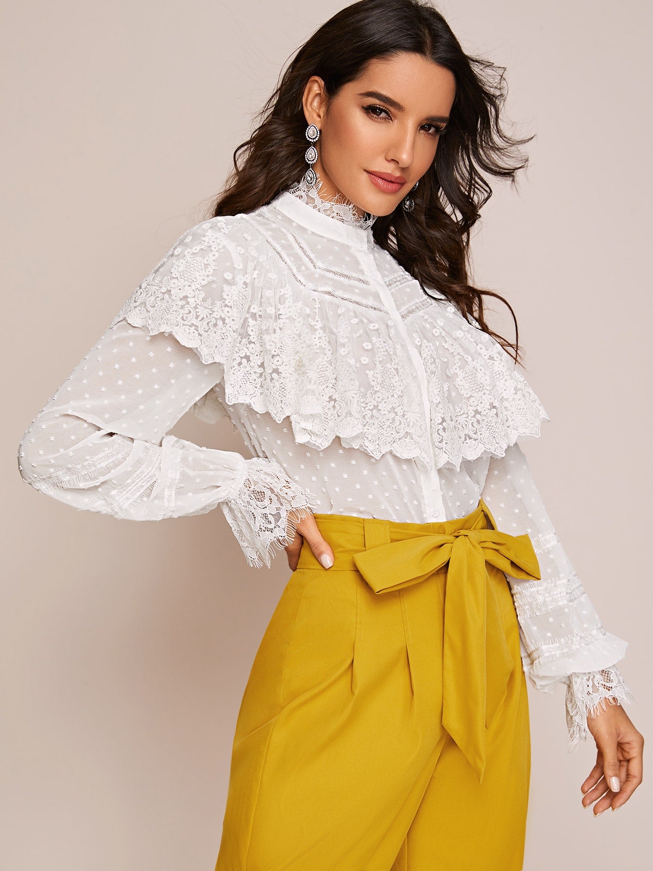 Eyelash Lace and Embroidered Mesh Panel Blouse