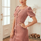 Button Through Puff Sleeve Corduroy Fitted Dress