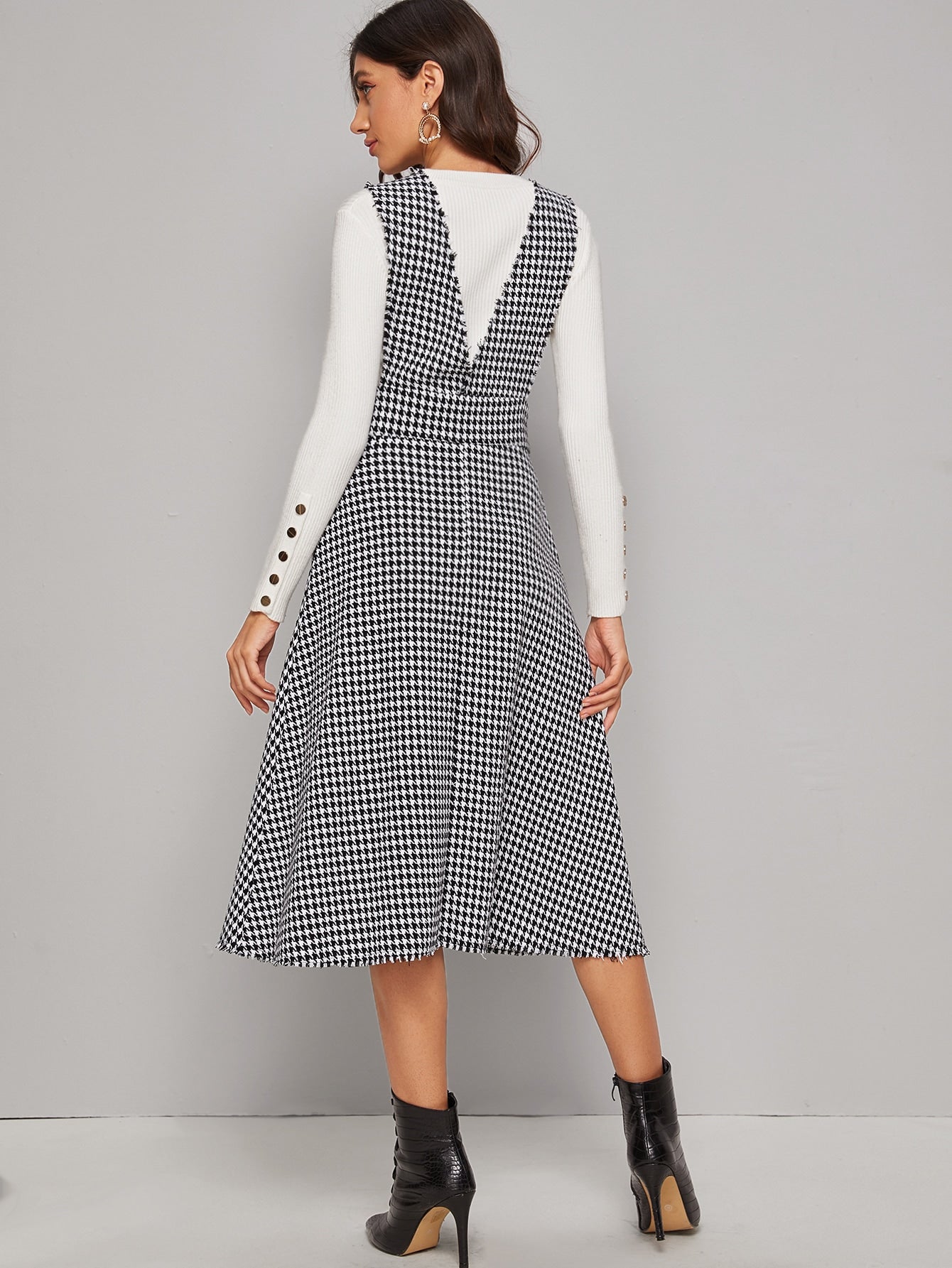 Button Front Raw Hem Houndstooth Tweed Pinafore Dress